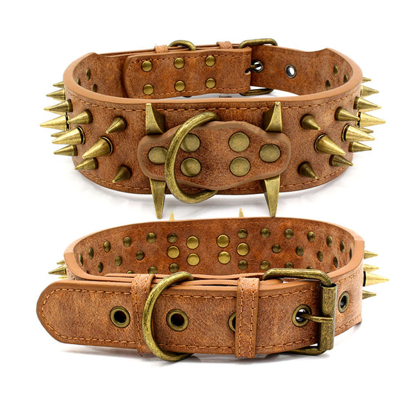 HKM-1793725 Durable PU Leather Dog Collar for Large Breeds - Adjustable Sizing in Brown, Dark Blue & Gray