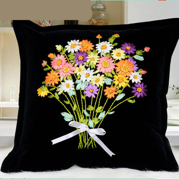 HKM-179411 Navy Blue Flannel Cross Stitch Kit - Plants and Flowers Throw Pillow