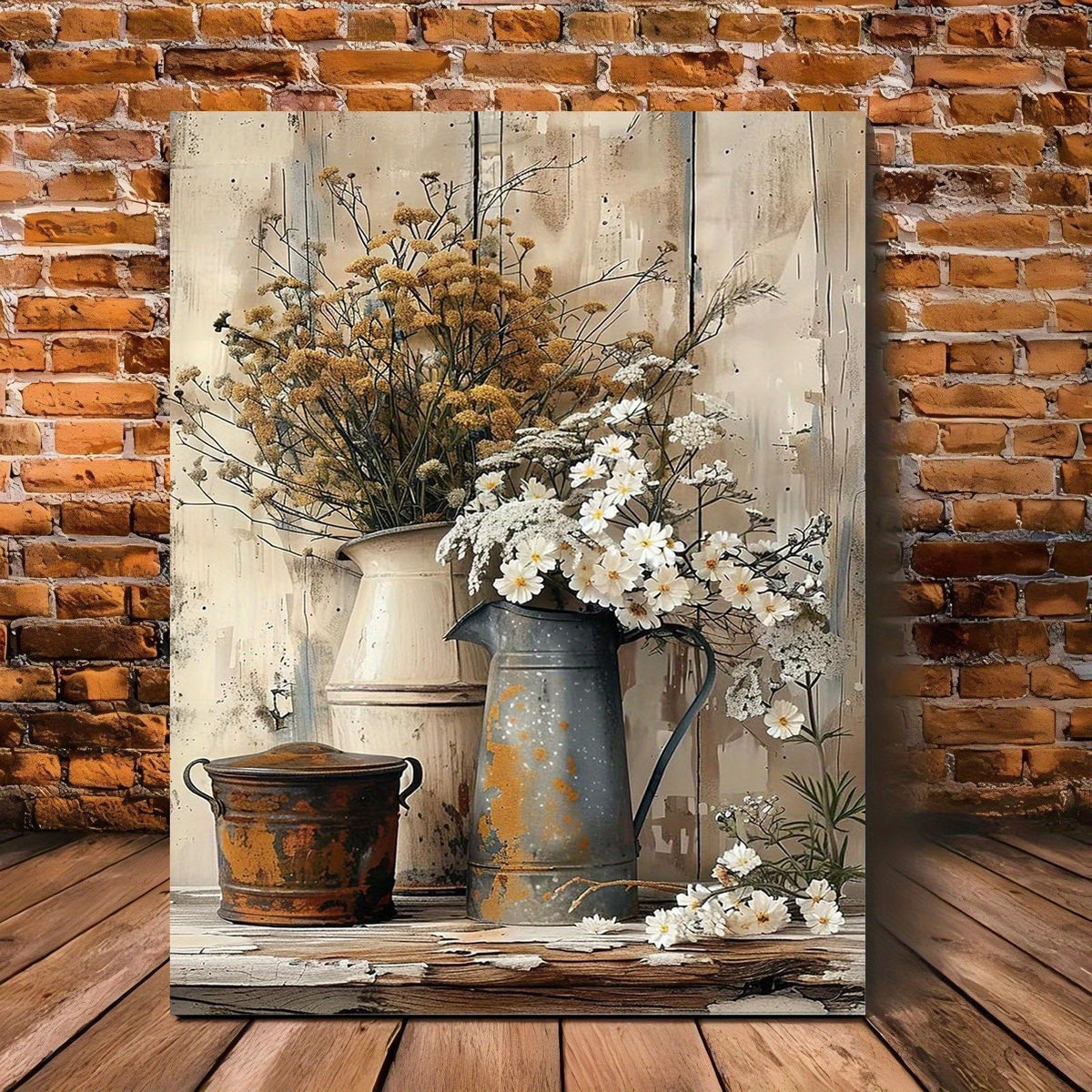 HKM-179539 Framed Wooden Canvas Art - Rustic Design with Cream Yellow Wood Grain and Jasmine Flowers in Watering Can for Living Room or Bedroom Décor