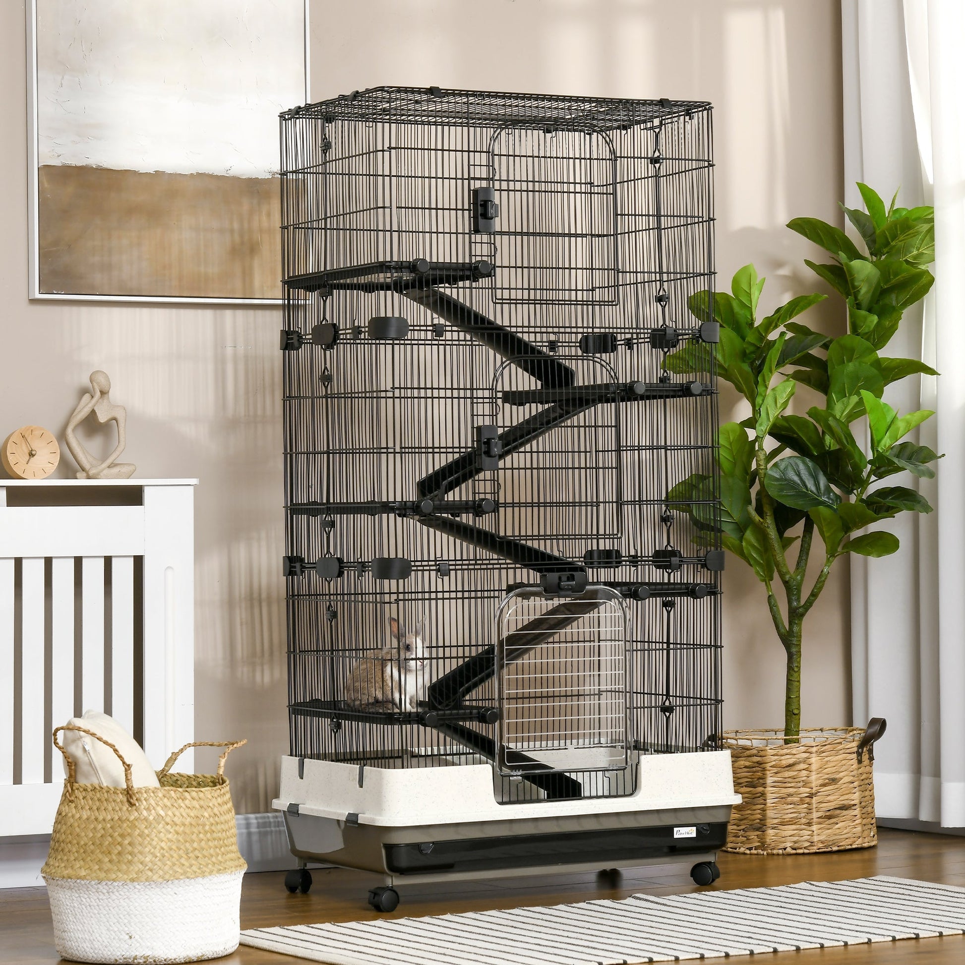 HKM-1801149 6-Tier Rolling Rabbit Cage with Large Living Space and Easy Access, Black