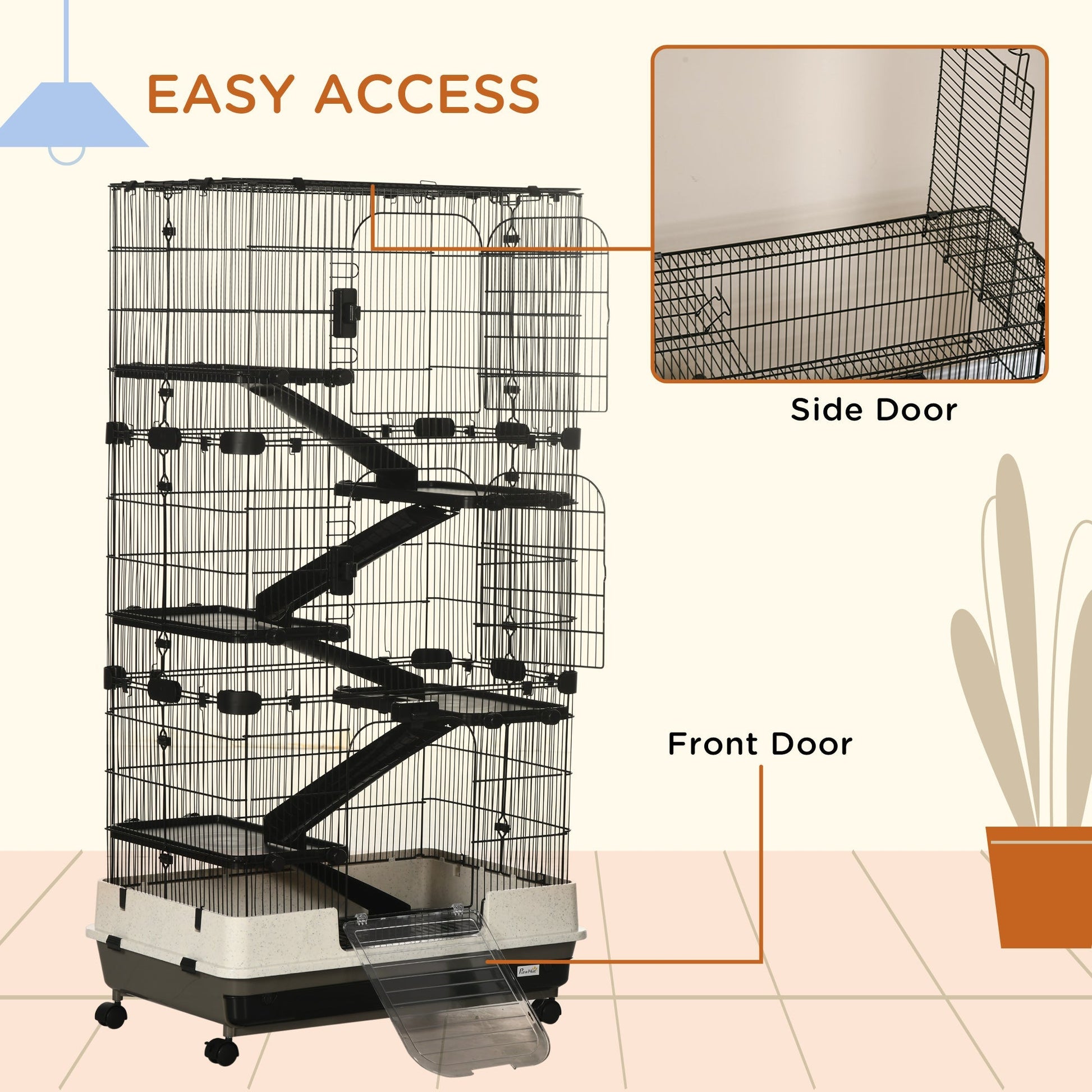 HKM-1801149 6-Tier Rolling Rabbit Cage with Large Living Space and Easy Access, Black