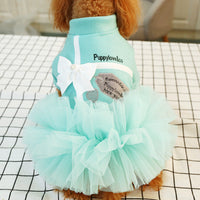 HKM-1805629 Lake Blue Princess Dress for Pets with White Bow - Gauze Skirt, Sizes XS to XL