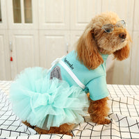 HKM-1805629 Lake Blue Princess Dress for Pets with White Bow - Gauze Skirt, Sizes XS to XL