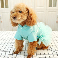 HKM-1805629 Lake Blue Princess Dress for Pets with White Bow - Gauze Skirt, Sizes XS to XL