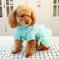 HKM-1805629 Lake Blue Princess Dress for Pets with White Bow - Gauze Skirt, Sizes XS to XL
