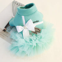HKM-1805629 Lake Blue Princess Dress for Pets with White Bow - Gauze Skirt, Sizes XS to XL