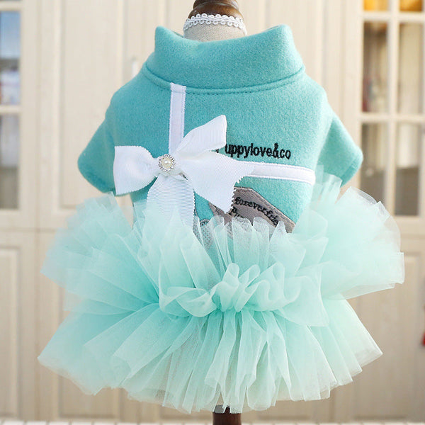 HKM-1805629 Lake Blue Princess Dress for Pets with White Bow - Gauze Skirt, Sizes XS to XL