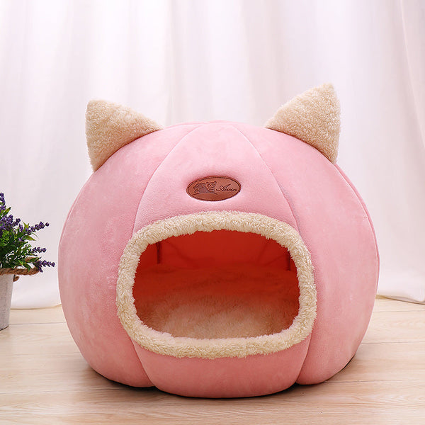 HKM-180563 Cozy Enclosed Cat Bed Nest Made of Arctic Velvet and Plush for Warm Sleep