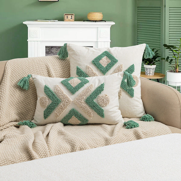 HKM-180563 Moroccan Geometric Loop Velvet Tassel Cushion Cover in Coffee Green and Beige