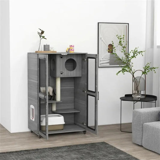 HKM-180755 Cat Villa Enclosure with Wheels, Cozy Apartment with Scratching Posts and Hiding Spots