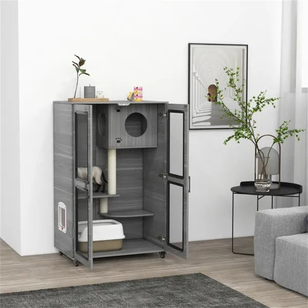 HKM-180755 Cat Villa Enclosure with Wheels, Cozy Apartment with Scratching Posts and Hiding Spots