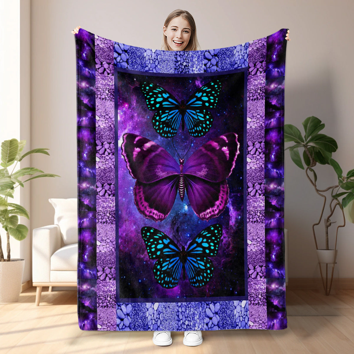 HKM-180755 Cozy Butterfly Print Flannel Blanket – Soft, Lightweight Throw for All Seasons, Multi-Purpose Use