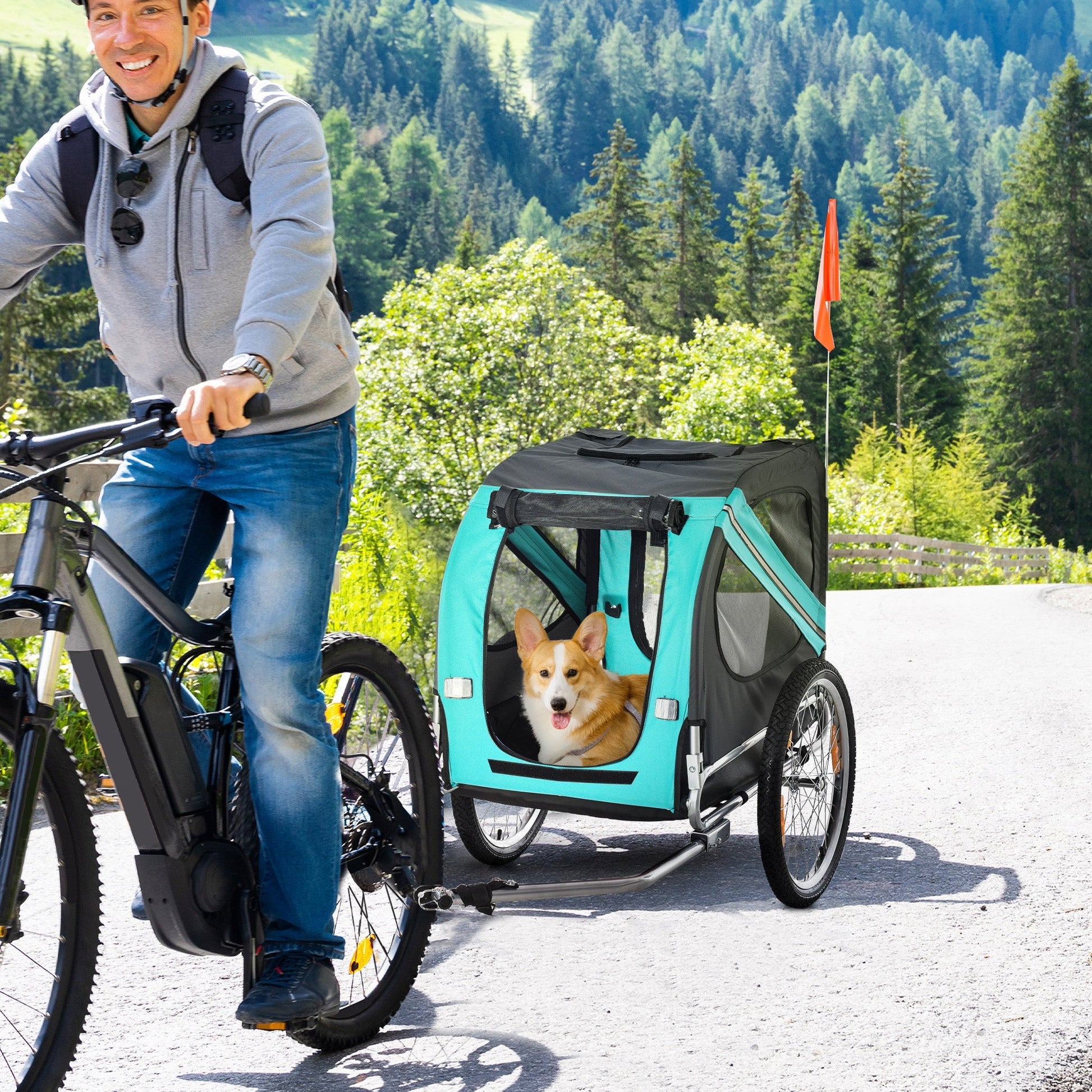 HKM-1808701 Pet Bike Trailer with Large Wheels and Multiple Entrances - Green, Weather-Resistant Design for Medium Dogs