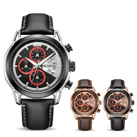 HKM-181331 Men's Waterproof Quartz Sports Chronograph Watch with Luminous Features and Leather Strap