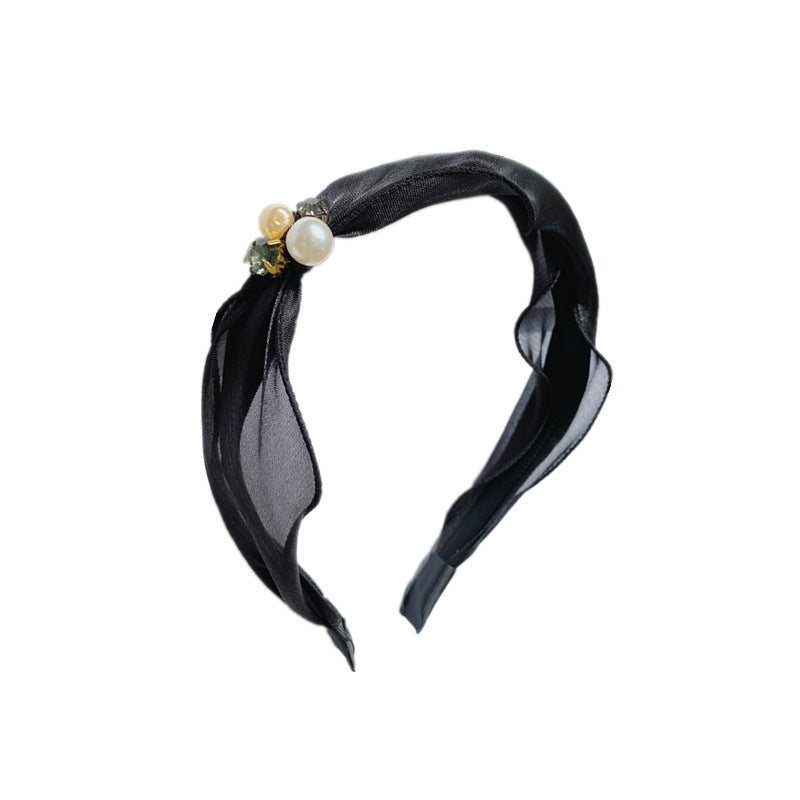 HKM-181331 Mori Organza Pearl Bowknot Headband for Women - Elegant Hair Accessory in Black and Champagne