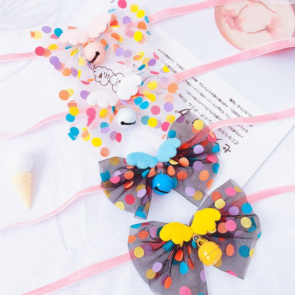 HKM-1814973 Pet Bow Tie Bell Collar with Fairy Wings for Cats and Dogs, Soft Velvet Material, Detachable Bell, Princess Style