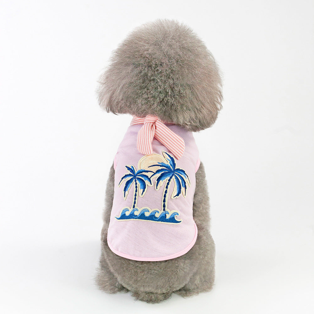 HKM-1816765 Coconut Tree Embroidered Cotton Dog Apparel in Pink and White