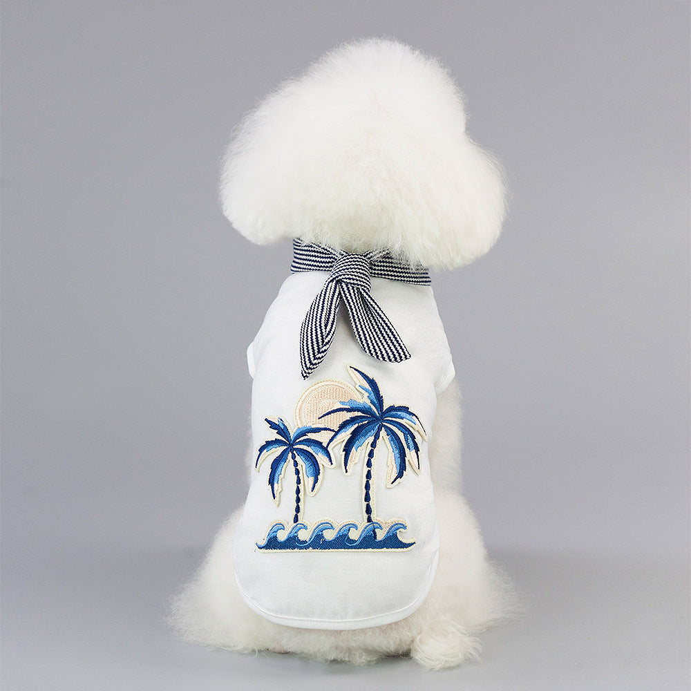 HKM-1816765 Coconut Tree Embroidered Cotton Dog Apparel in Pink and White