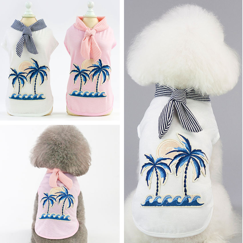 HKM-1816765 Coconut Tree Embroidered Cotton Dog Apparel in Pink and White