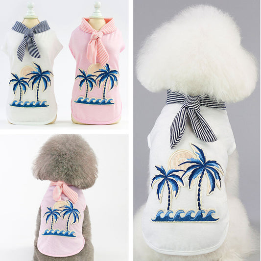 HKM-1816765 Coconut Tree Embroidered Cotton Dog Apparel in Pink and White