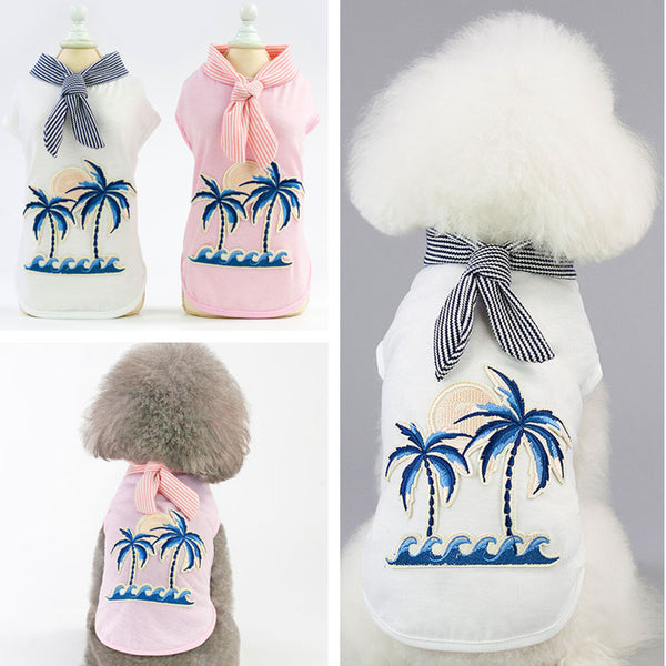 HKM-1816765 Coconut Tree Embroidered Cotton Dog Apparel in Pink and White
