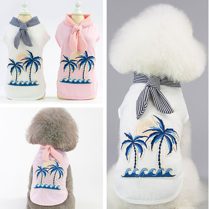 HKM-1816765 Coconut Tree Embroidered Cotton Dog Apparel in Pink and White