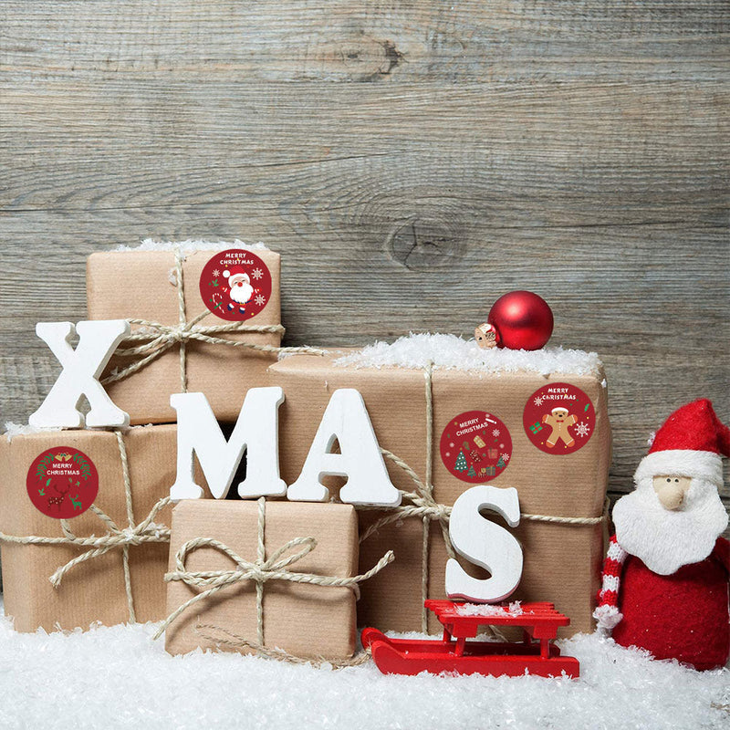 HKM-181715 Self-Adhesive Circular Kraft Paper Stickers - Merry Christmas, 500 Pieces per Roll