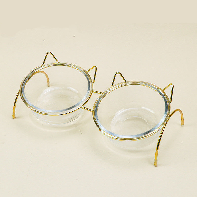 HKM-181779 Elegant Double Glass Cat Bowl with Gold Stand for Healthy Dining