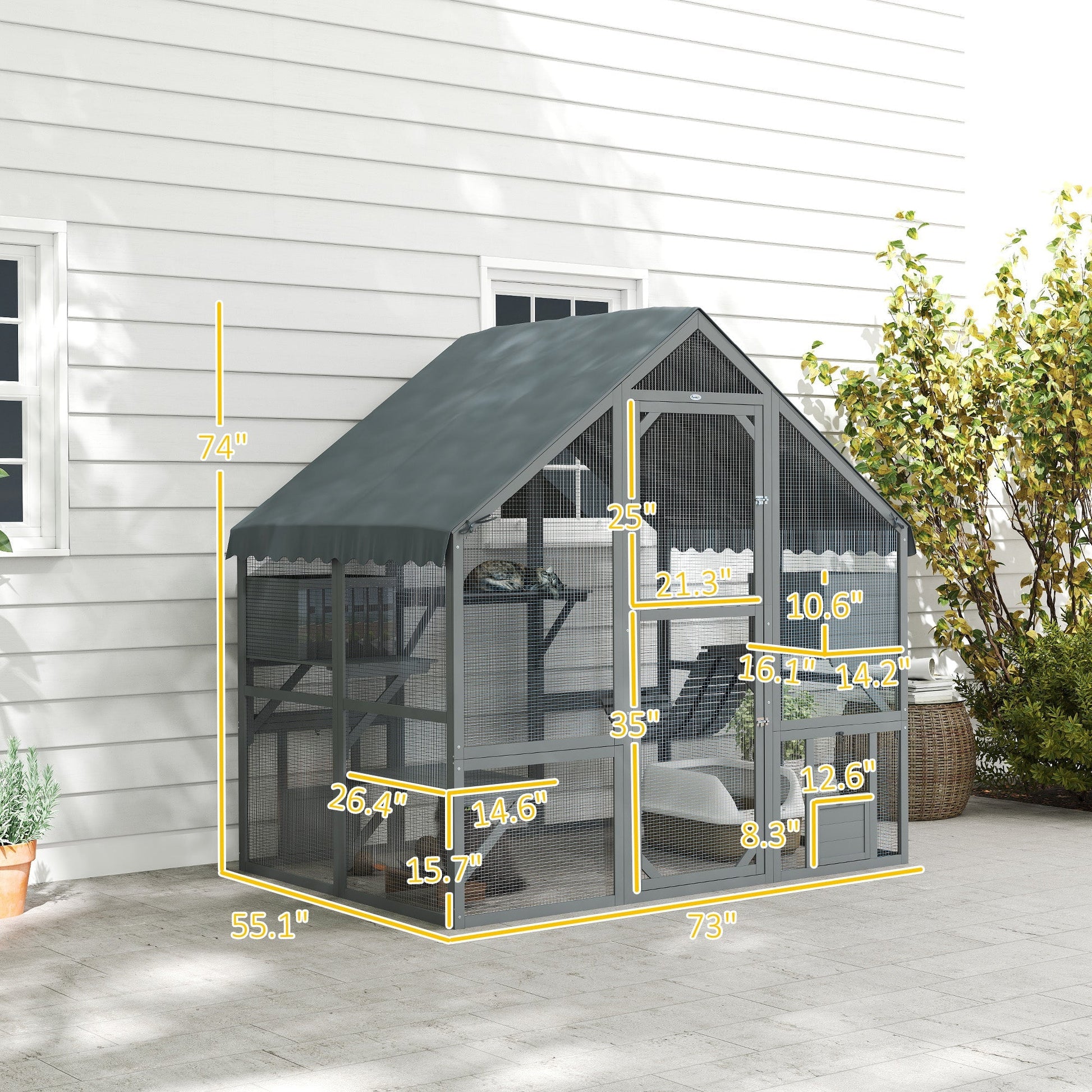 HKM-1818813 Wooden Cat Enclosure with Waterproof Cover, 2 Condos, 4 Platforms, Gray