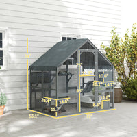 HKM-1818813 Wooden Cat Enclosure with Waterproof Cover, 2 Condos, 4 Platforms, Gray