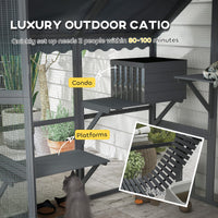 HKM-1818813 Wooden Cat Enclosure with Waterproof Cover, 2 Condos, 4 Platforms, Gray