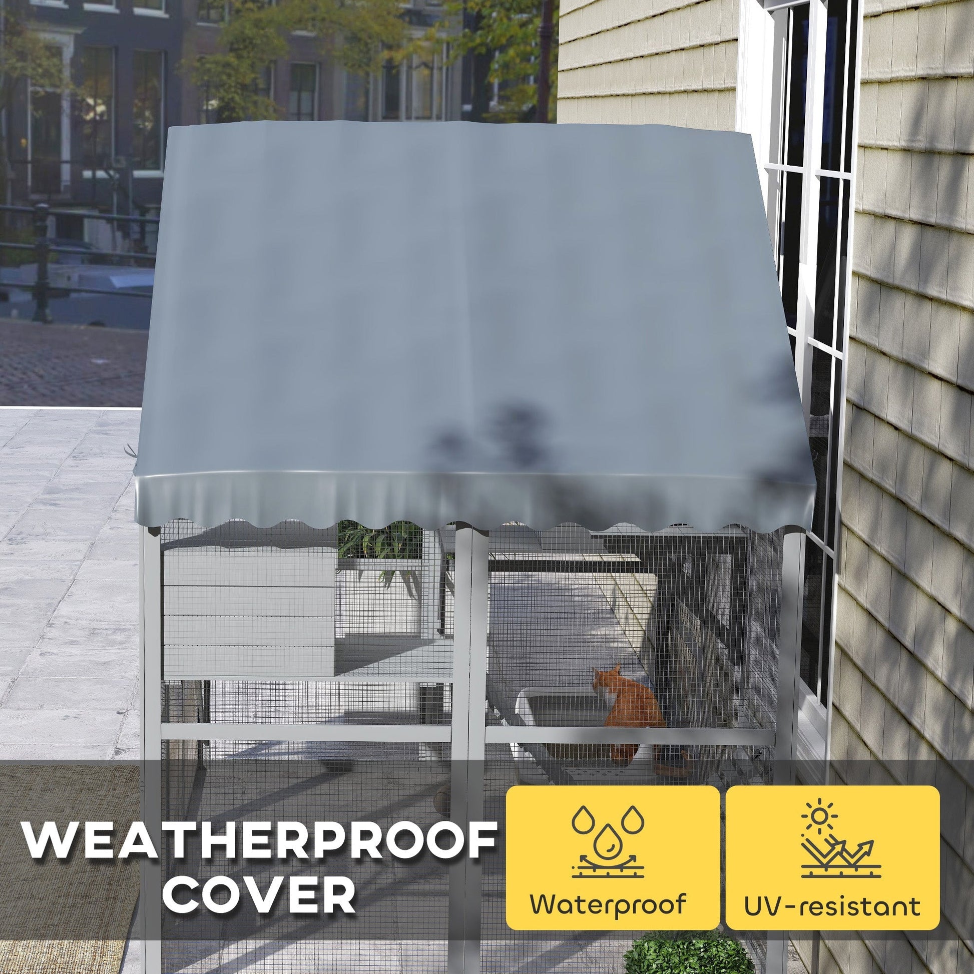 HKM-1818813 Wooden Cat Enclosure with Waterproof Cover, 2 Condos, 4 Platforms, Gray