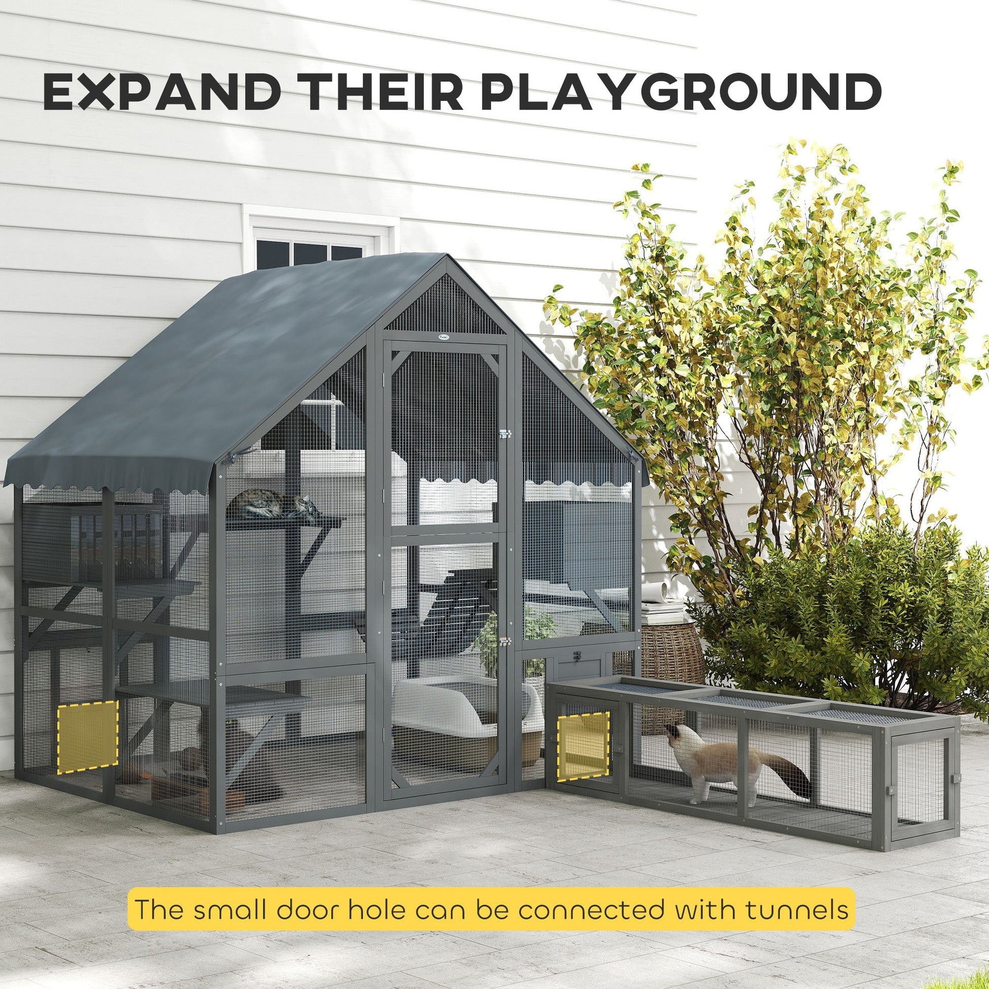 HKM-1818813 Wooden Cat Enclosure with Waterproof Cover, 2 Condos, 4 Platforms, Gray