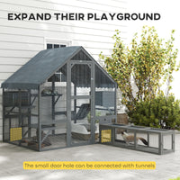 HKM-1818813 Wooden Cat Enclosure with Waterproof Cover, 2 Condos, 4 Platforms, Gray