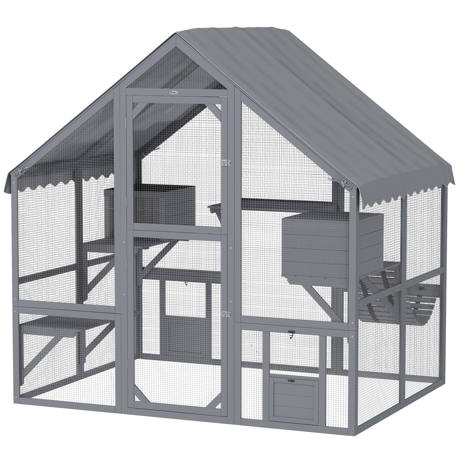 HKM-1818813 Wooden Cat Enclosure with Waterproof Cover, 2 Condos, 4 Platforms, Gray