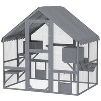 HKM-1818813 Wooden Cat Enclosure with Waterproof Cover, 2 Condos, 4 Platforms, Gray