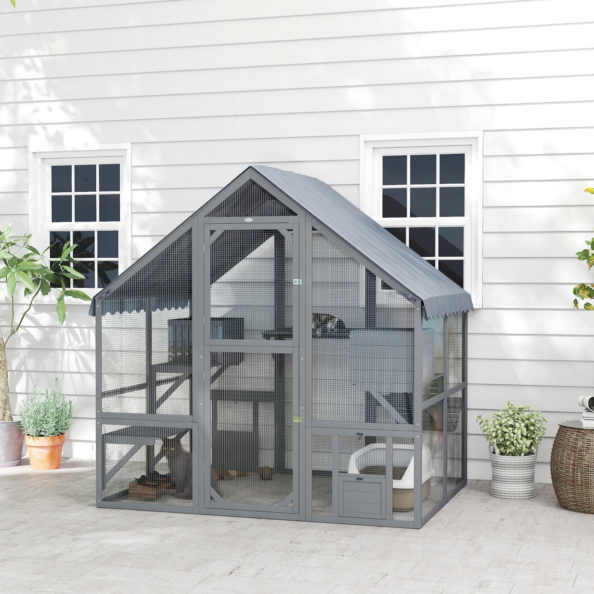 HKM-1818813 Wooden Cat Enclosure with Waterproof Cover, 2 Condos, 4 Platforms, Gray
