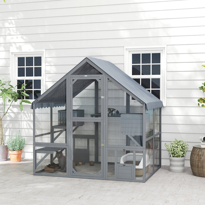 HKM-1818813 Wooden Cat Enclosure with Waterproof Cover, 2 Condos, 4 Platforms, Gray