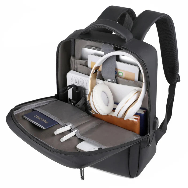 HKM-181971 Waterproof Nylon Laptop Backpack for Men & Women - USB Charging, 17 Inch Black Design