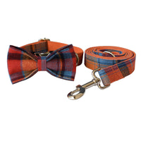 HKM-1820733 Orange Velvet Dog Collar and Leash Set with Bow - Cotton Material, Multiple Sizes Available