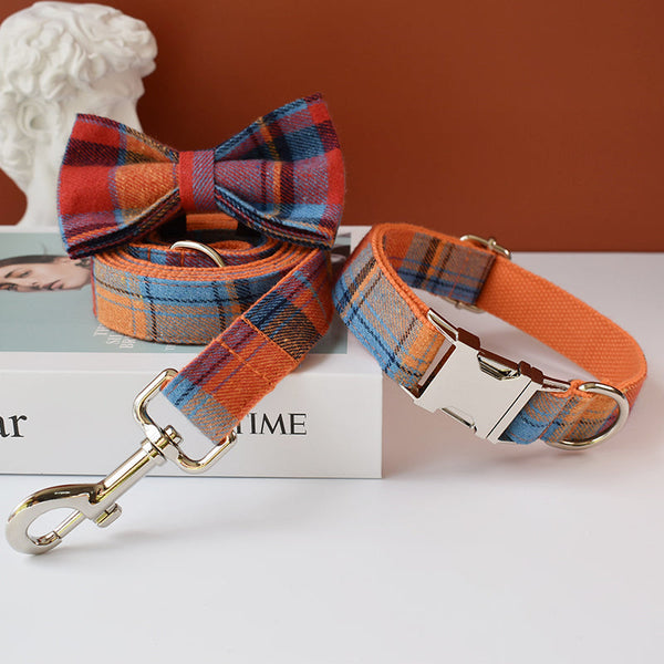 HKM-1820733 Orange Velvet Dog Collar and Leash Set with Bow - Cotton Material, Multiple Sizes Available