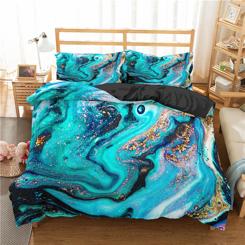 HKM-182227 Modern Marble Texture 3-Piece 3D Digital Print Quilt Cover and Pillowcase Set