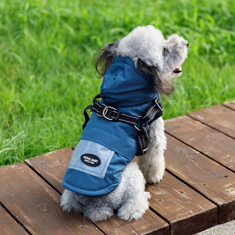 HKM-182355 Raincoat for Small and Medium Dogs - Strap Traction, Polyester Fabric in Brick Red, Turmeric, Fog Blue, Sizes S-XXL