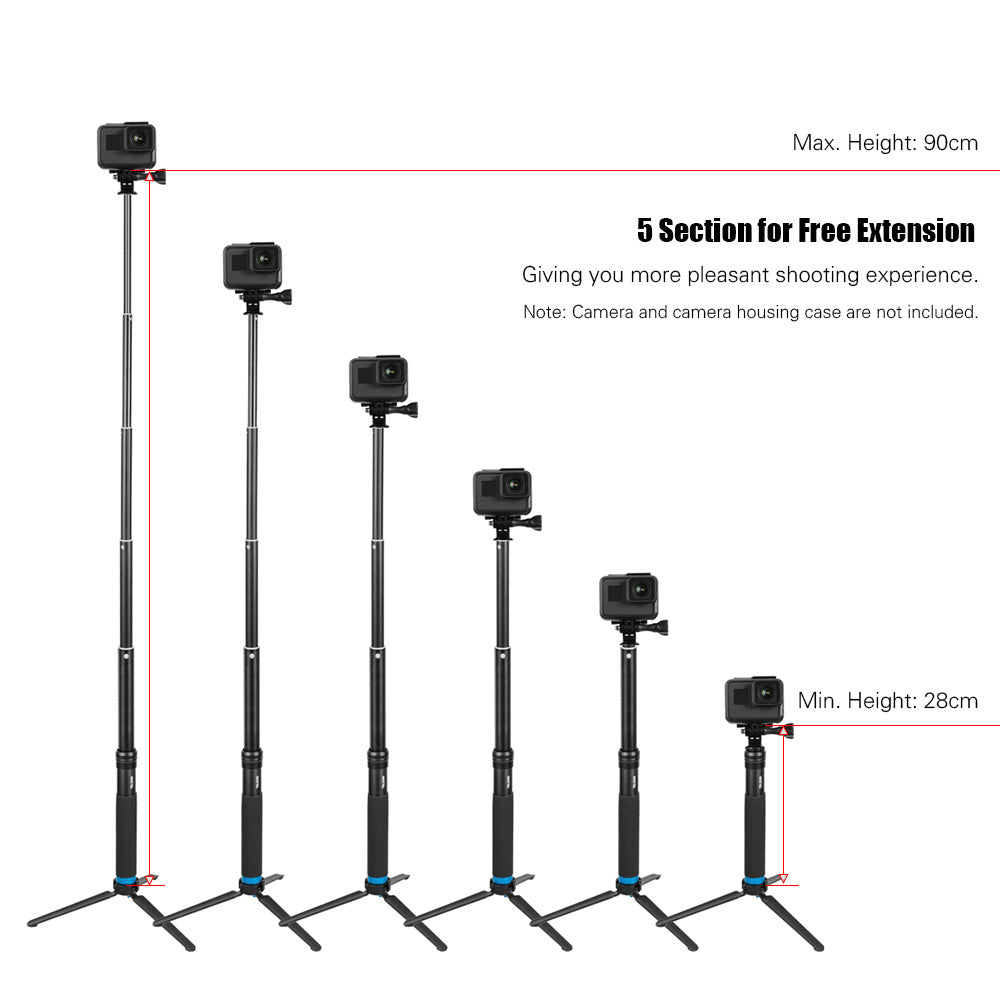 HKM-182611 Aluminum Alloy Tripod Selfie Stick with GoPro Mount and Mobile Phone Holder