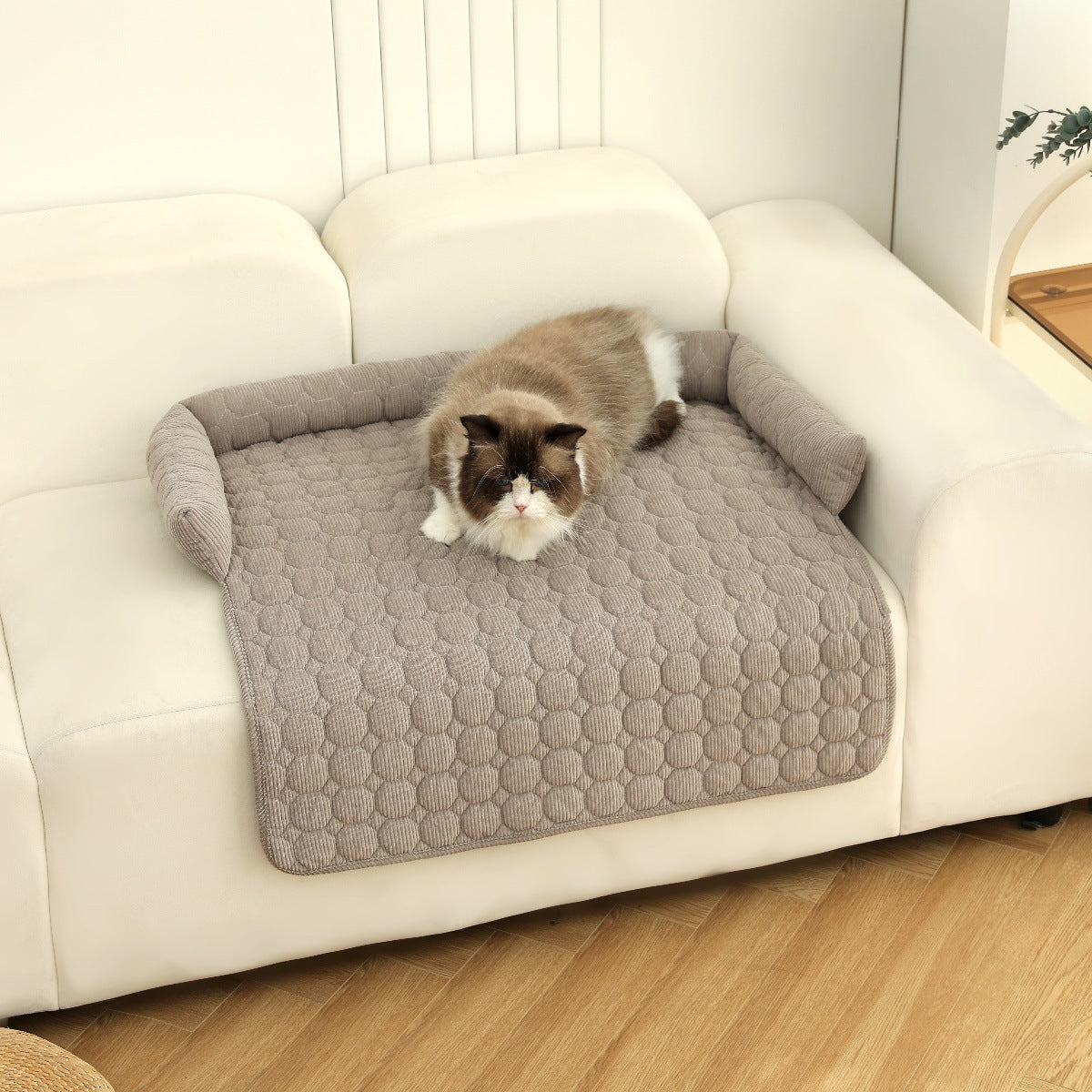 HKM-1826365 Corduroy Pet Bed with Neck Pillow ¨C Soft and Thick Calming Mat for Home, Car, and Outdoor Use (75x75CM)