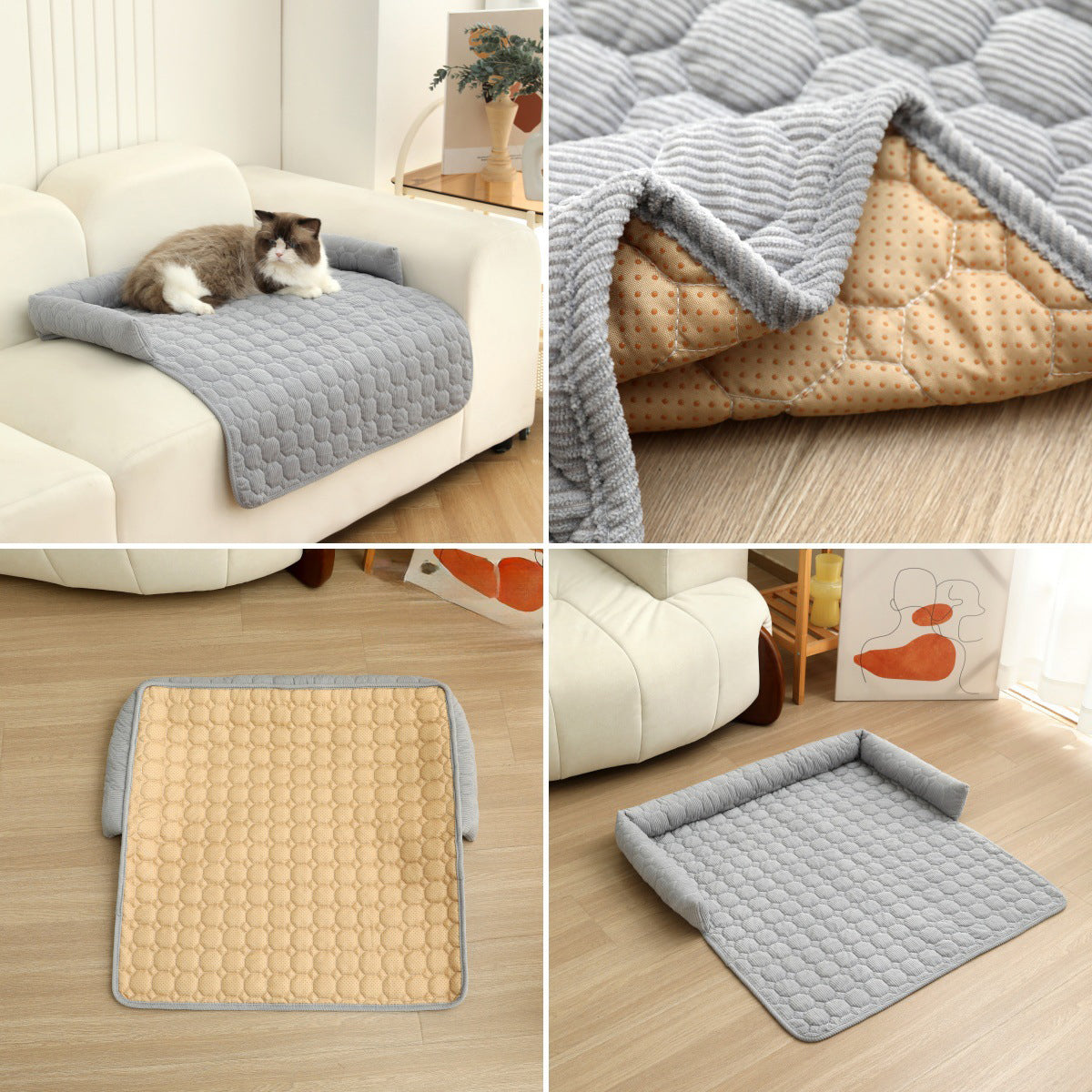 HKM-1826365 Corduroy Pet Bed with Neck Pillow ¨C Soft and Thick Calming Mat for Home, Car, and Outdoor Use (75x75CM)