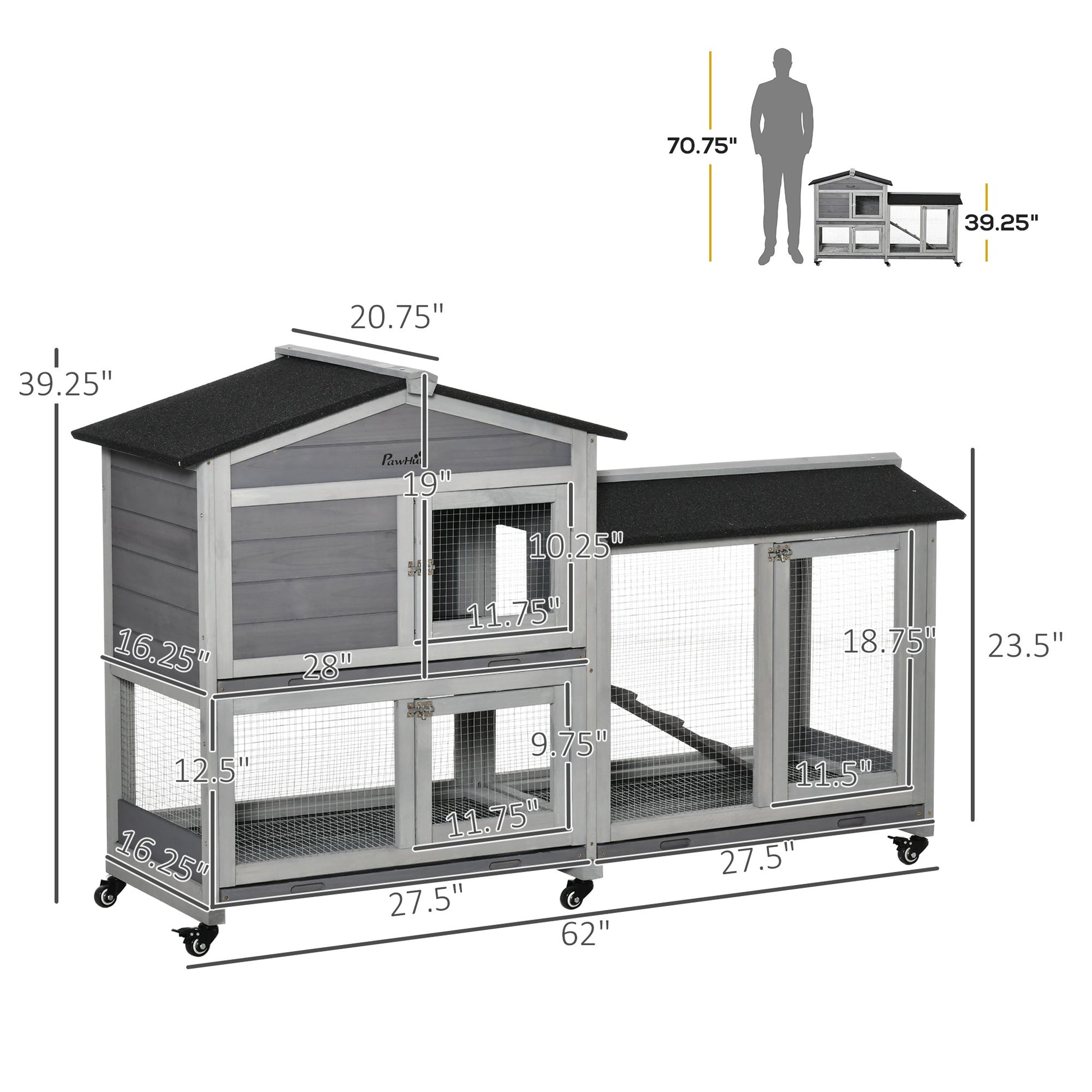 HKM-1828157 62" Wooden Rabbit Hutch with Wheels, Slide-out Tray, and Ramp for Small Pets