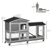 HKM-1828157 62" Wooden Rabbit Hutch with Wheels, Slide-out Tray, and Ramp for Small Pets