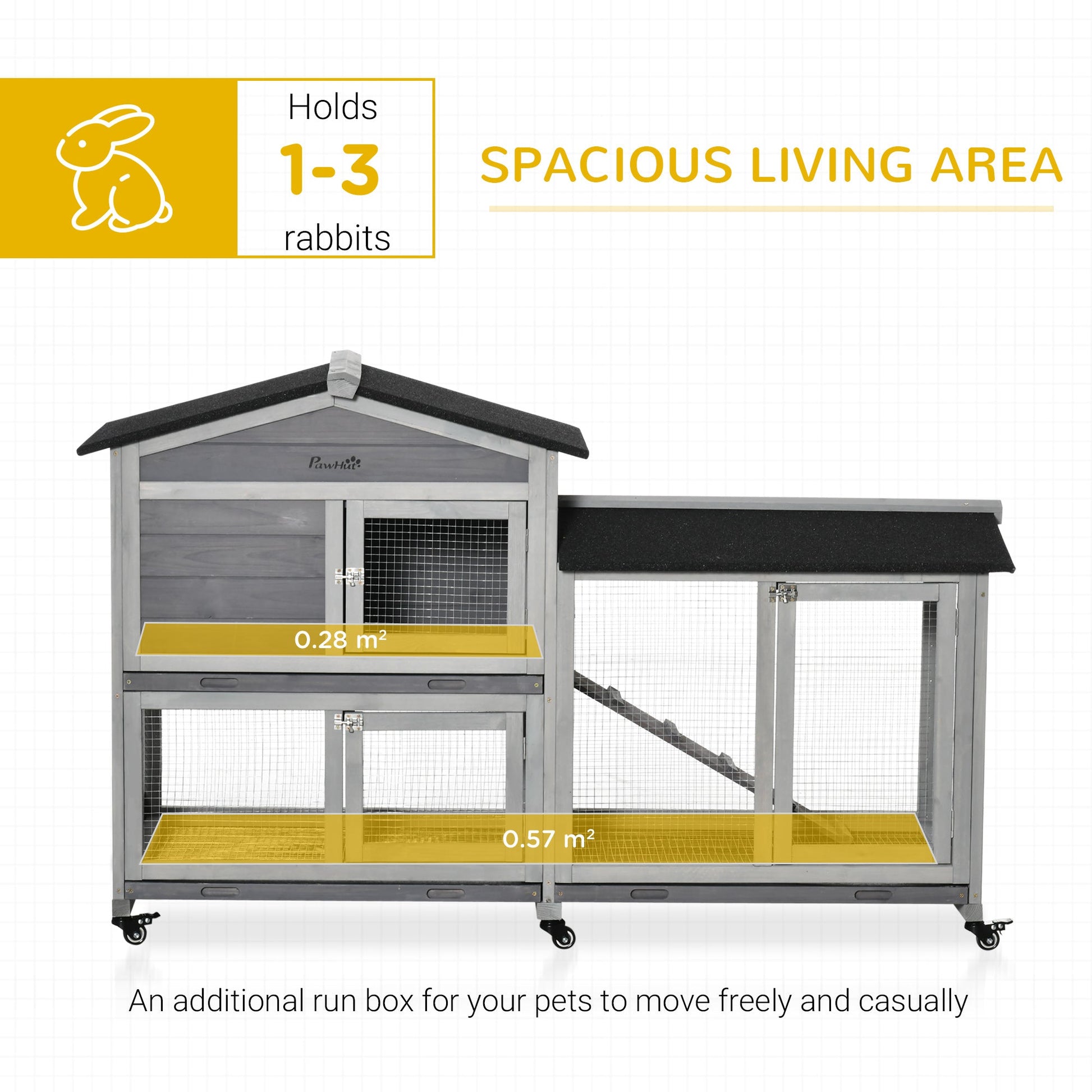 HKM-1828157 62" Wooden Rabbit Hutch with Wheels, Slide-out Tray, and Ramp for Small Pets