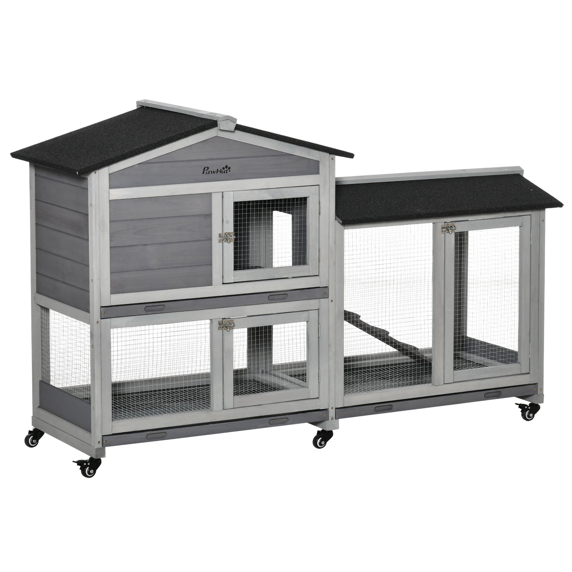 HKM-1828157 62" Wooden Rabbit Hutch with Wheels, Slide-out Tray, and Ramp for Small Pets